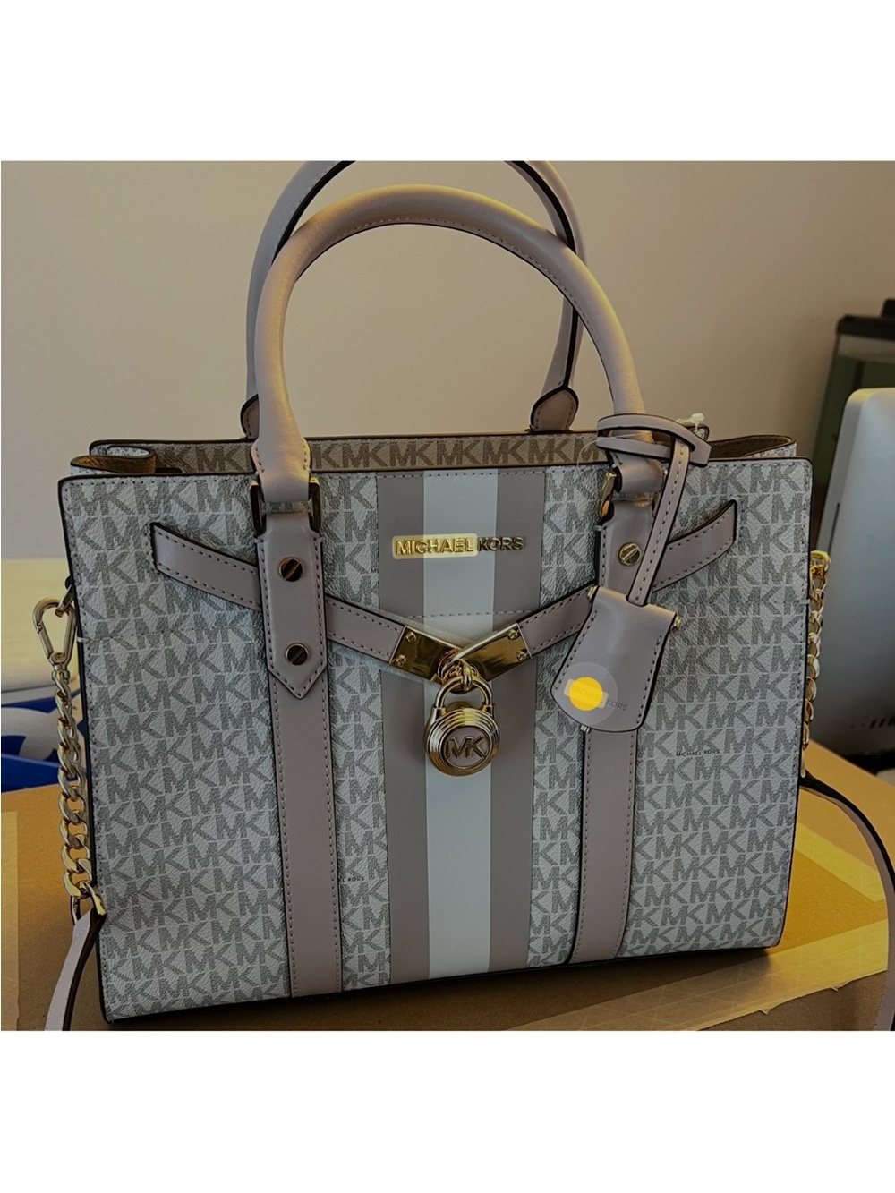 Michael Kors Gray and Cream Signature Satchel with Gold Hardware